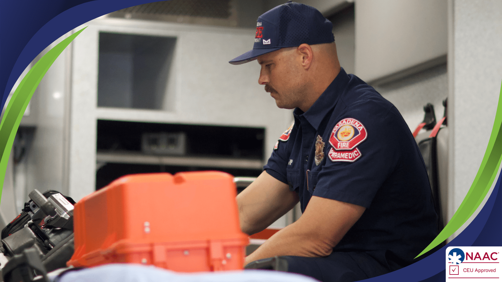 Are You Getting Paid What Youre Worth 1600 x 900 1 Parademic in navy uniform sits at an ambulance, focused on medical equipment with an orange trauma kit nearby on the stretcher area